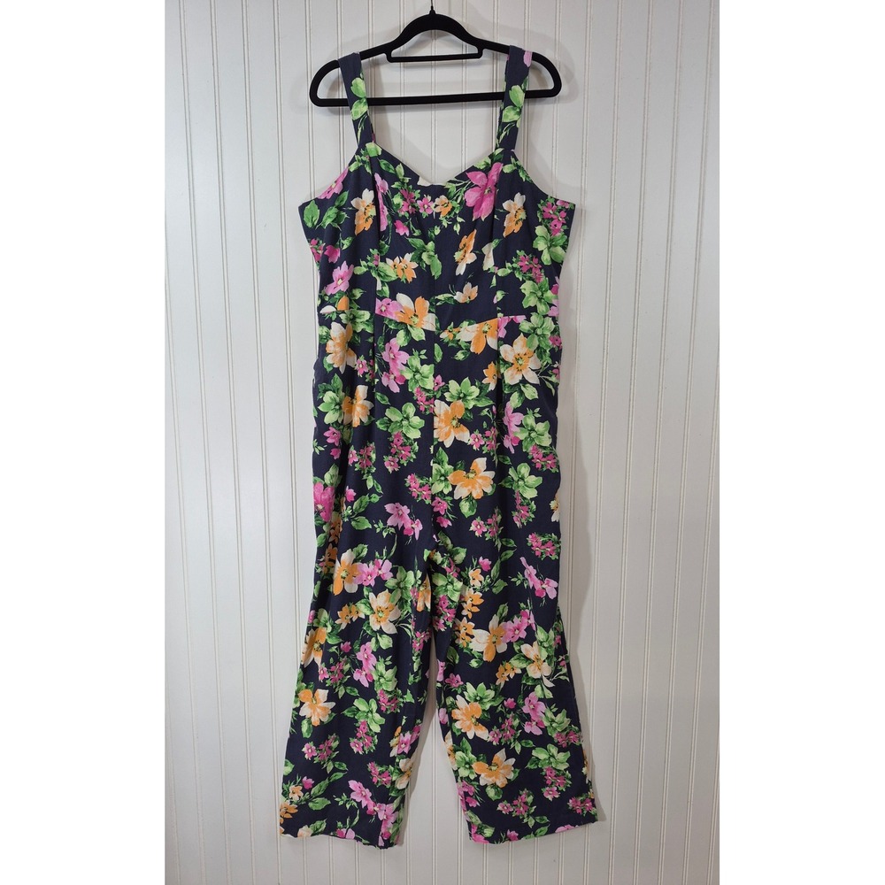 Old Navy Floral Linen Blend Wide Leg Jumpsuit Navy Blue Multicolor XL Pockets